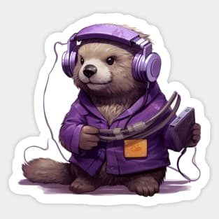 Kawaii otter listen music on the Purple tape cassette with cute face in cartoon style Sticker